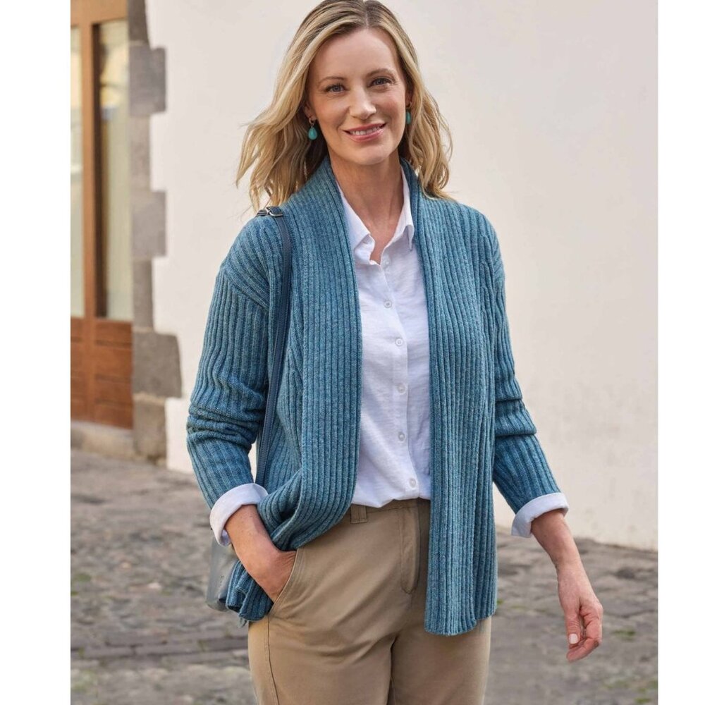 WoolOvers Lambswool Shawl Collar Cardigan Ribbed Open Front Size Small